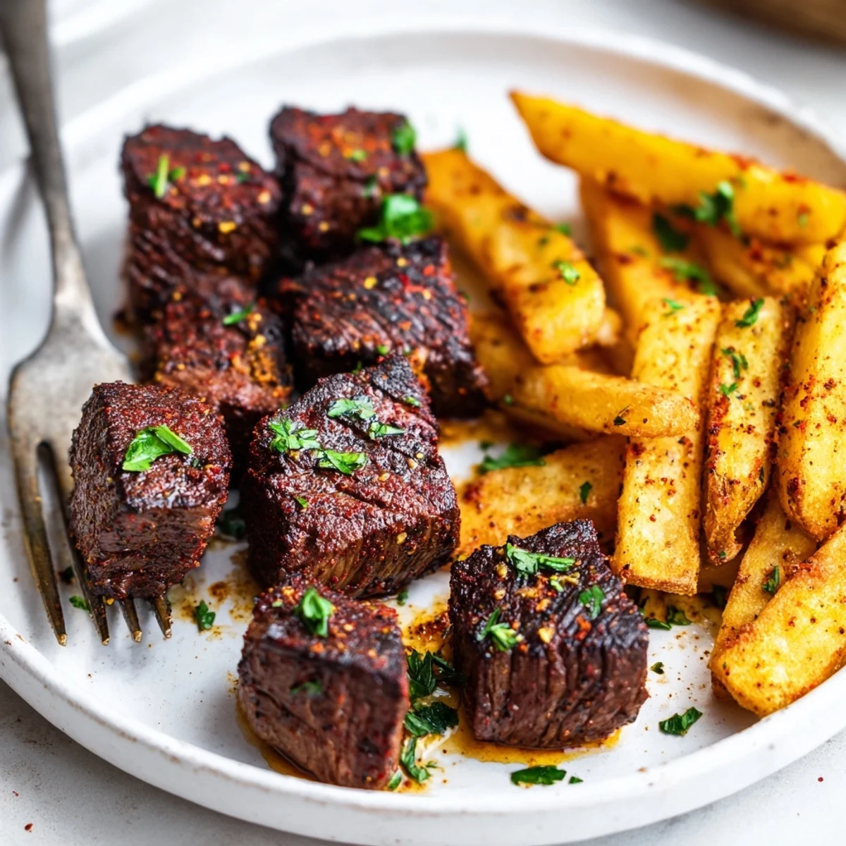 Flavorful blackened Cajun steak bites garnished with parsley and crispy fried potatoes.