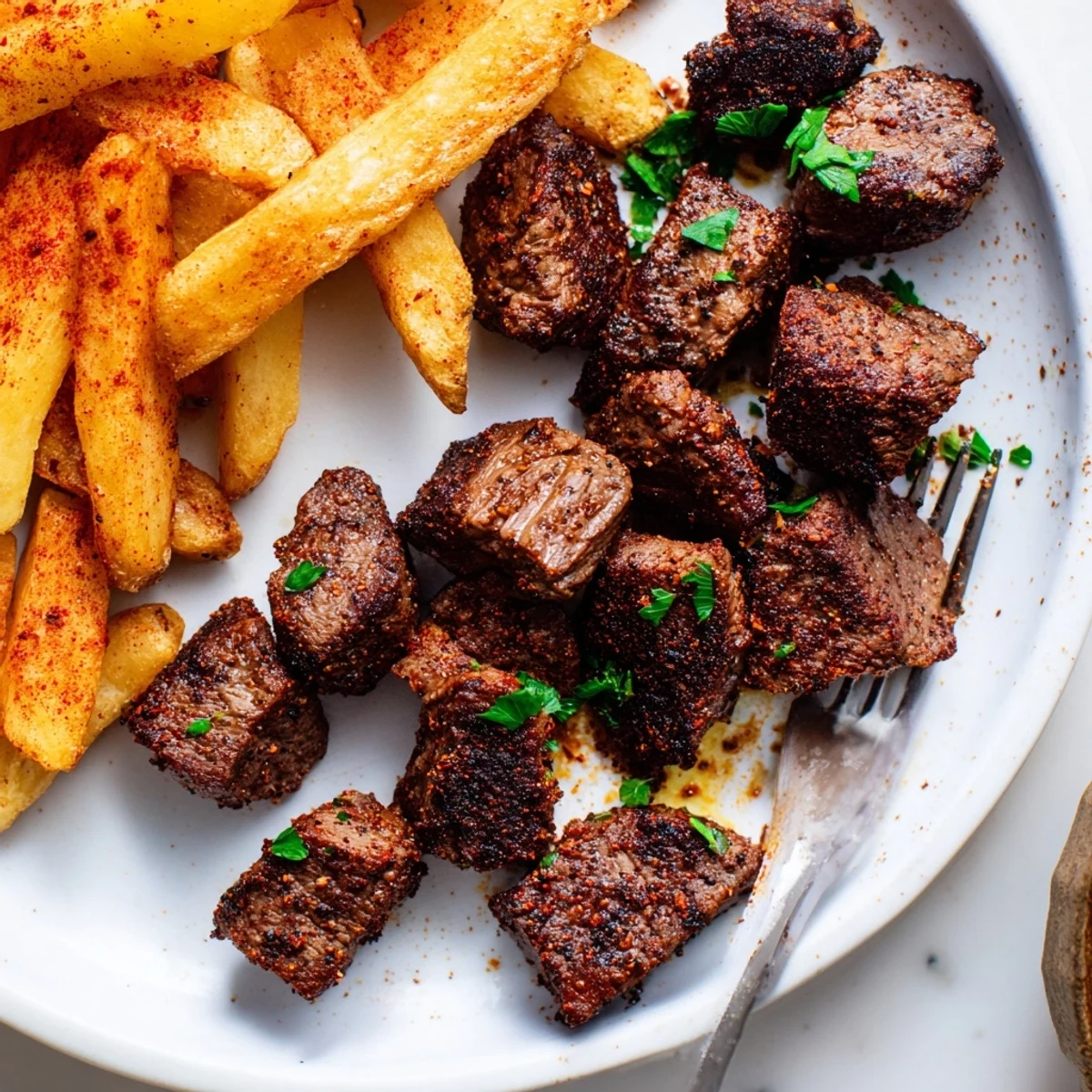Tender Cajun steak bites, seared and served hot with golden, crispy fries.  