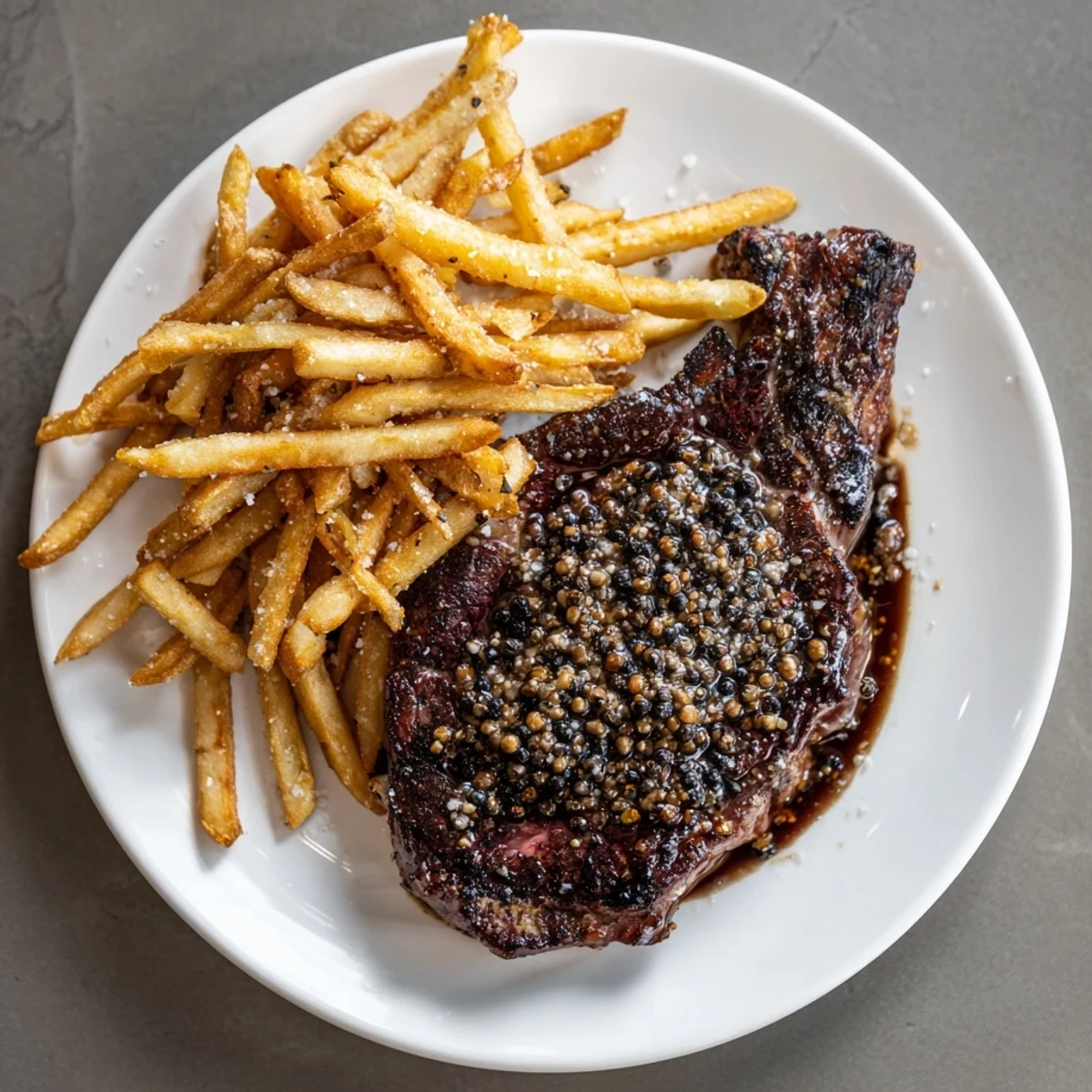 Classic Peppercorn Ribeye seared to perfection, served with crispy golden fries.