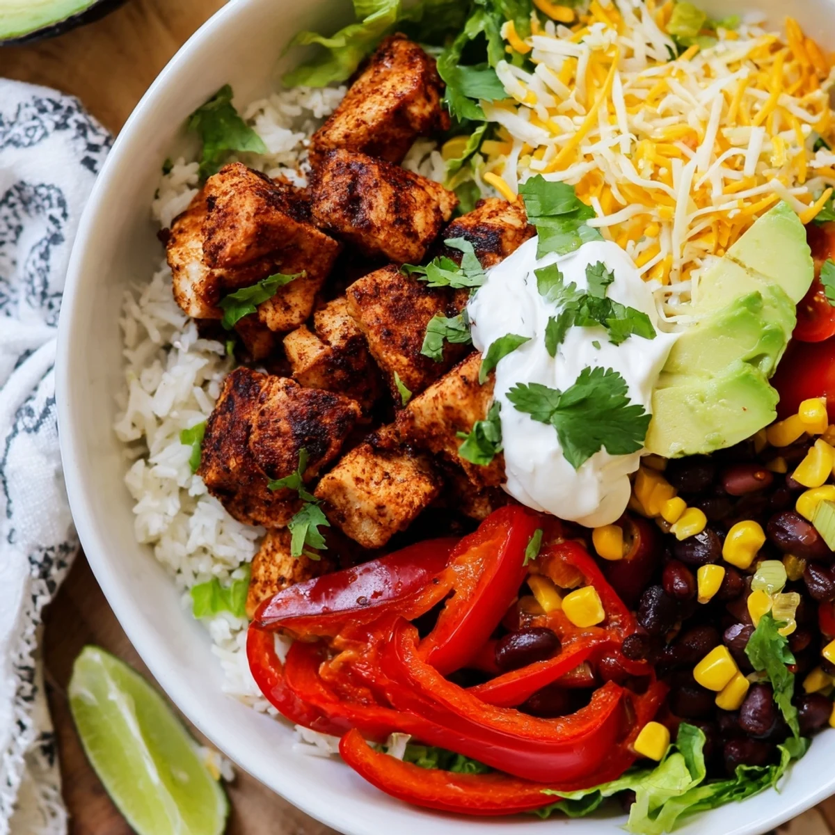 Sheet Pan Chicken Burrito Bowls: a colorful medley of chicken, roasted veggies, and fresh toppings.
