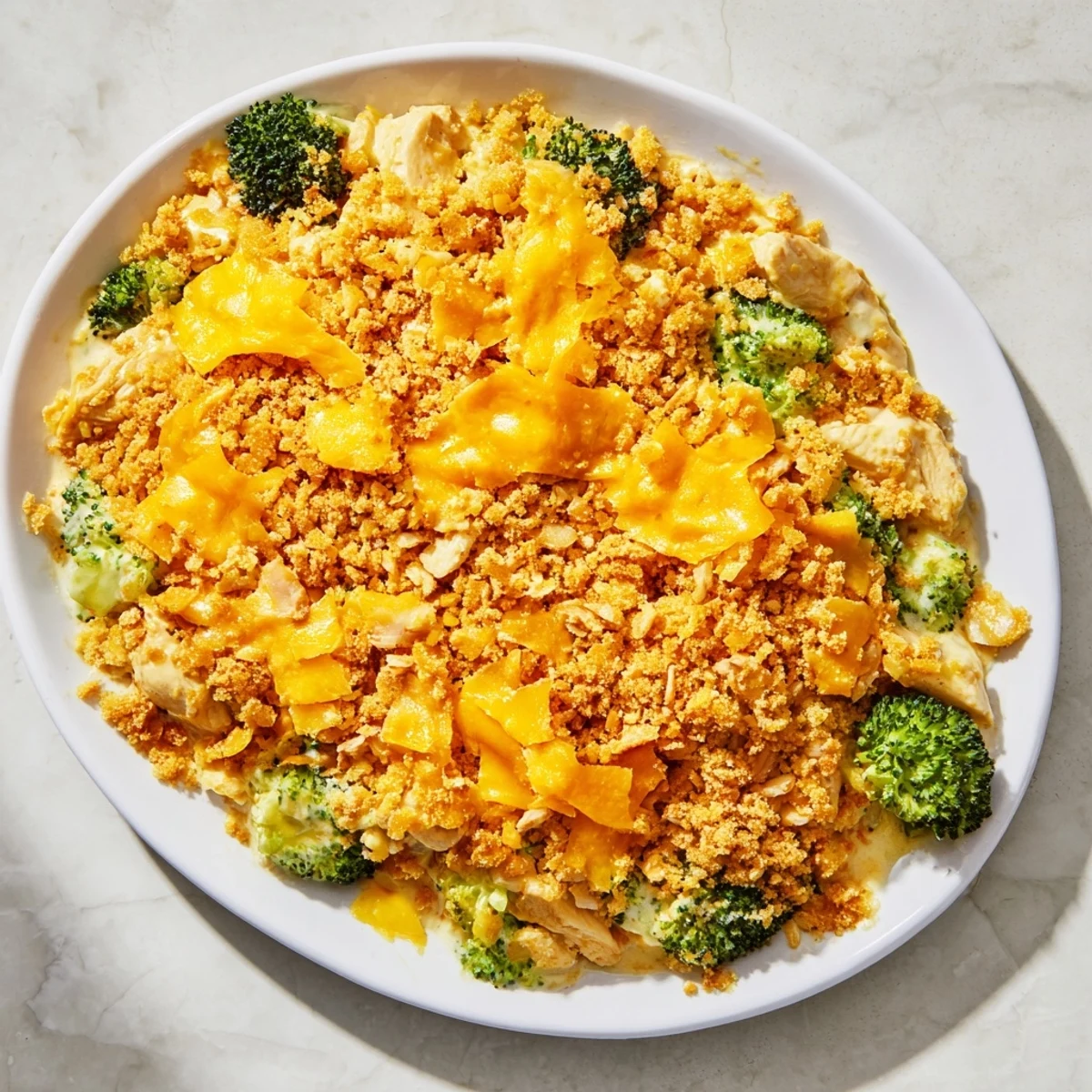 Golden, bubbly Chicken & Broccoli Cheddar Bake with a crispy panko topping, ready to serve.