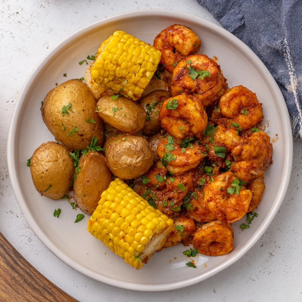 Close-up of a delectable Cajun Shrimp & Sweet Corn Platter, featuring juicy shrimp, corn, and roasted potatoes.