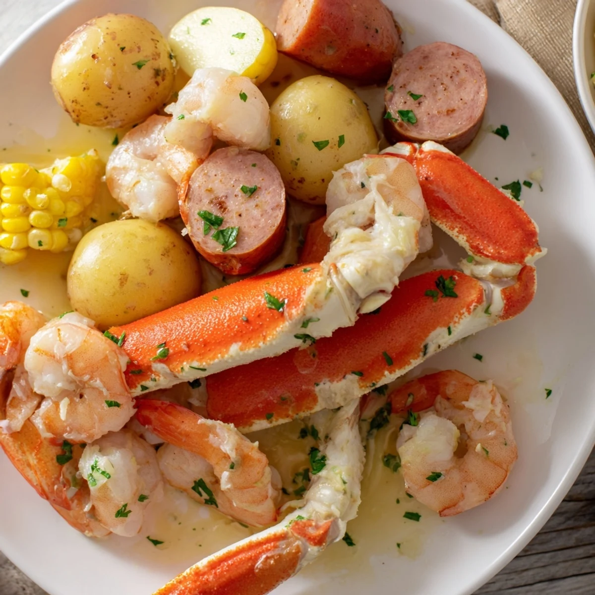 Steaming seafood boil with crab, shrimp, sausage, and corn piled for a festive family meal.