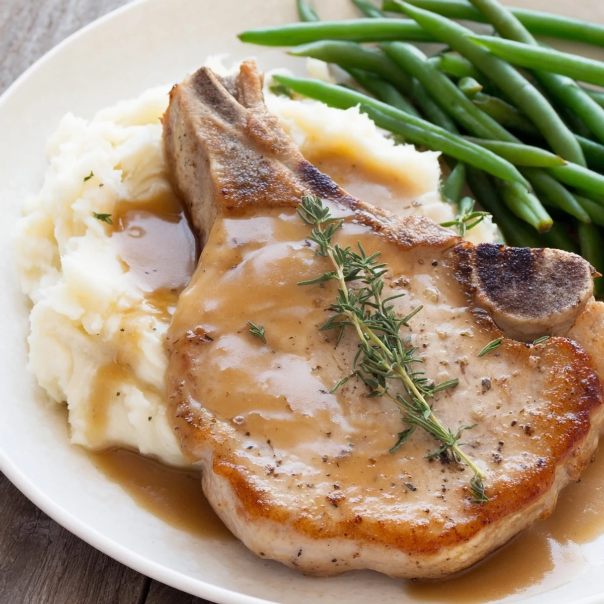 Golden-brown pork chops resting on a creamy bed of cheddar mashed potatoes, a Pork Chops & Cheddar Mash Bowl.
