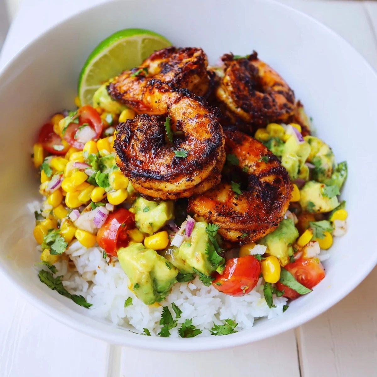 Sizzling blackened shrimp bowls, bursting with vibrant avocado corn salsa, fragrant and delicious.