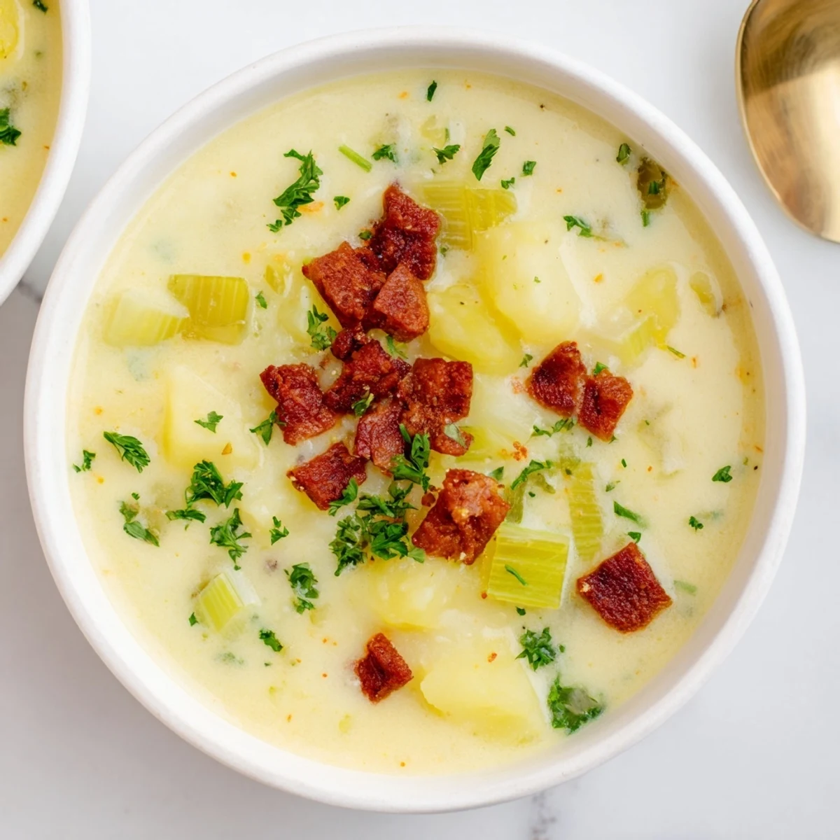Hearty Potato, Leek & Chorizo Soup, a colorful bowl garnished with fresh parsley and crusty bread.