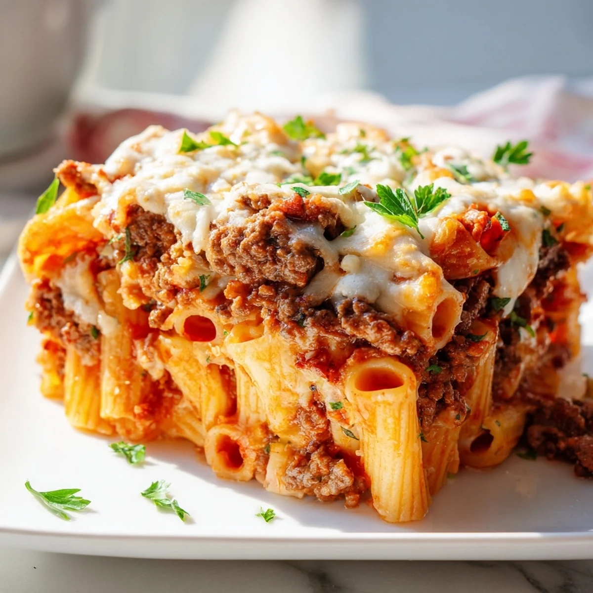 Baked Ziti with Meat Sauce bubbling hot, featuring melted mozzarella cheese and hearty meat sauce.