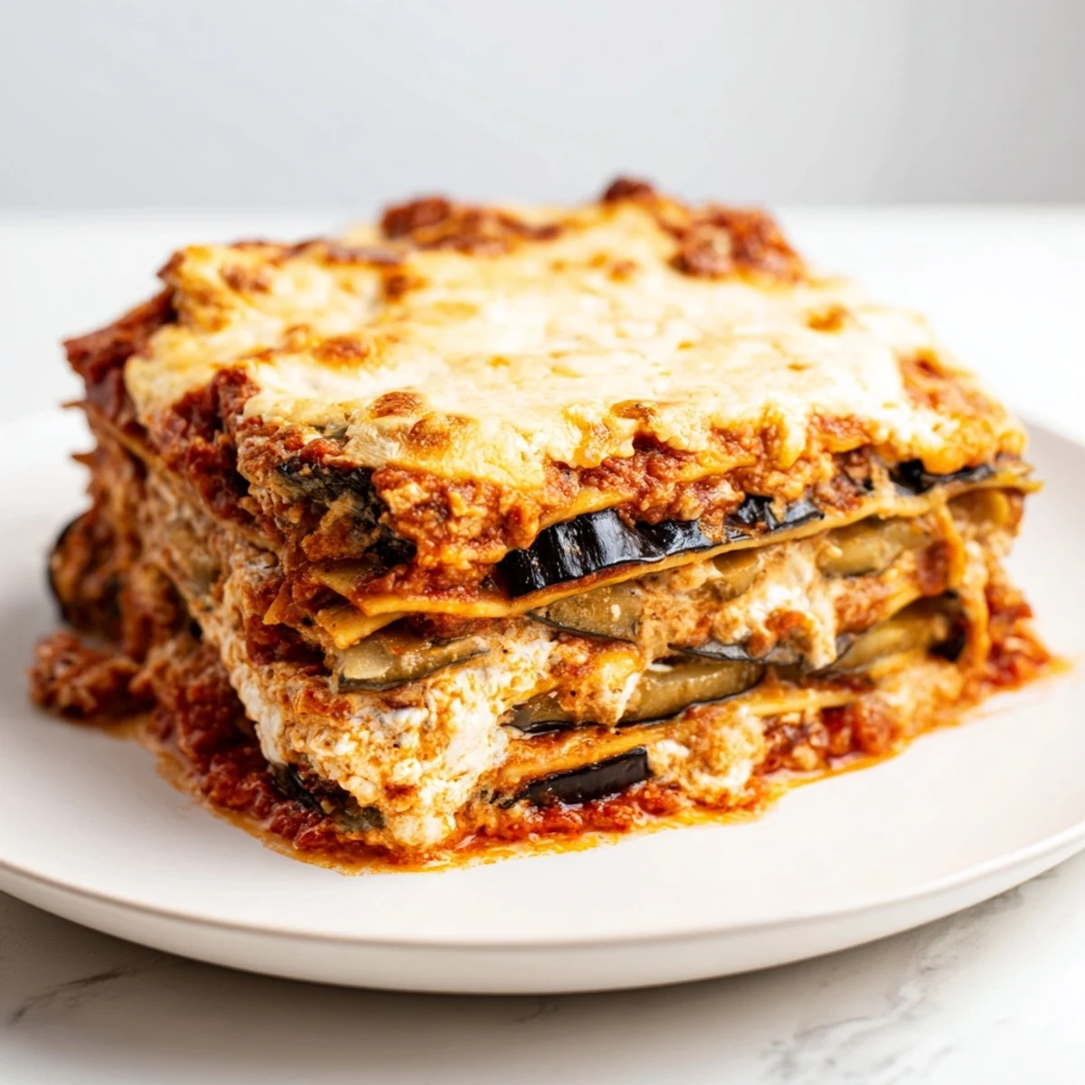 Golden, bubbly Eggplant Parmesan Lasagna with layers of tender eggplant and melted mozzarella cheese.