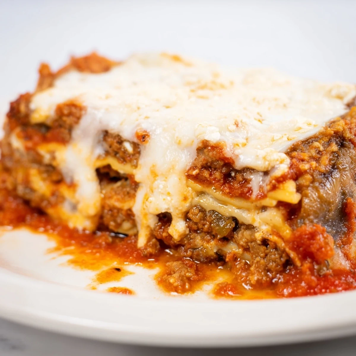 This close-up features the delicious, layered construction of homemade Eggplant Parmesan Lasagna, ready to enjoy.