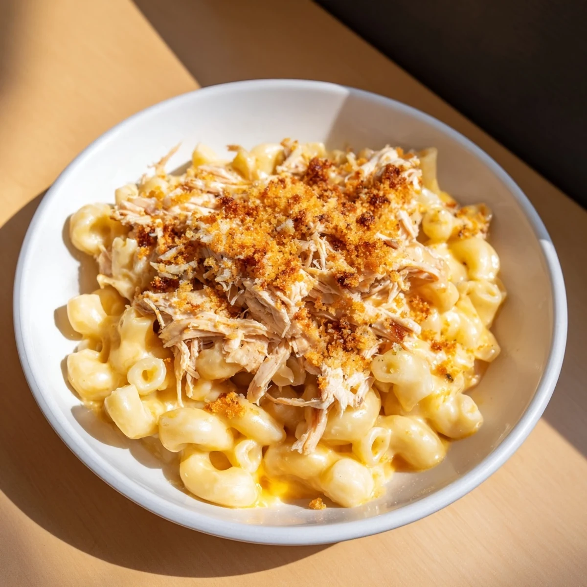 This Classic Mac & Cheese with BBQ Chicken features creamy macaroni layered with smoky barbecue chicken beneath.