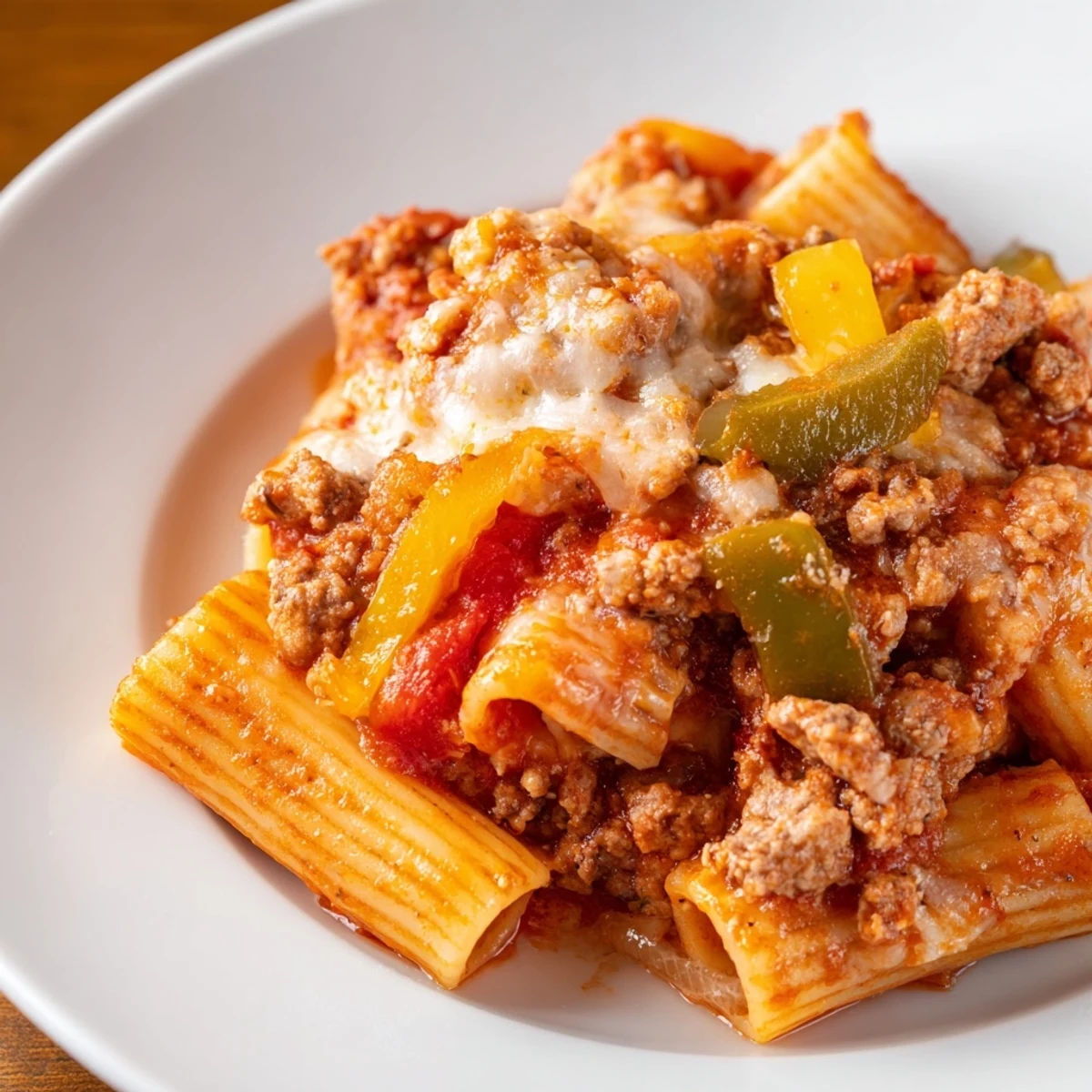 Close-up of hearty Baked Rigatoni with Sausage & Peppers, showcasing chunky sausage and colorful peppers.