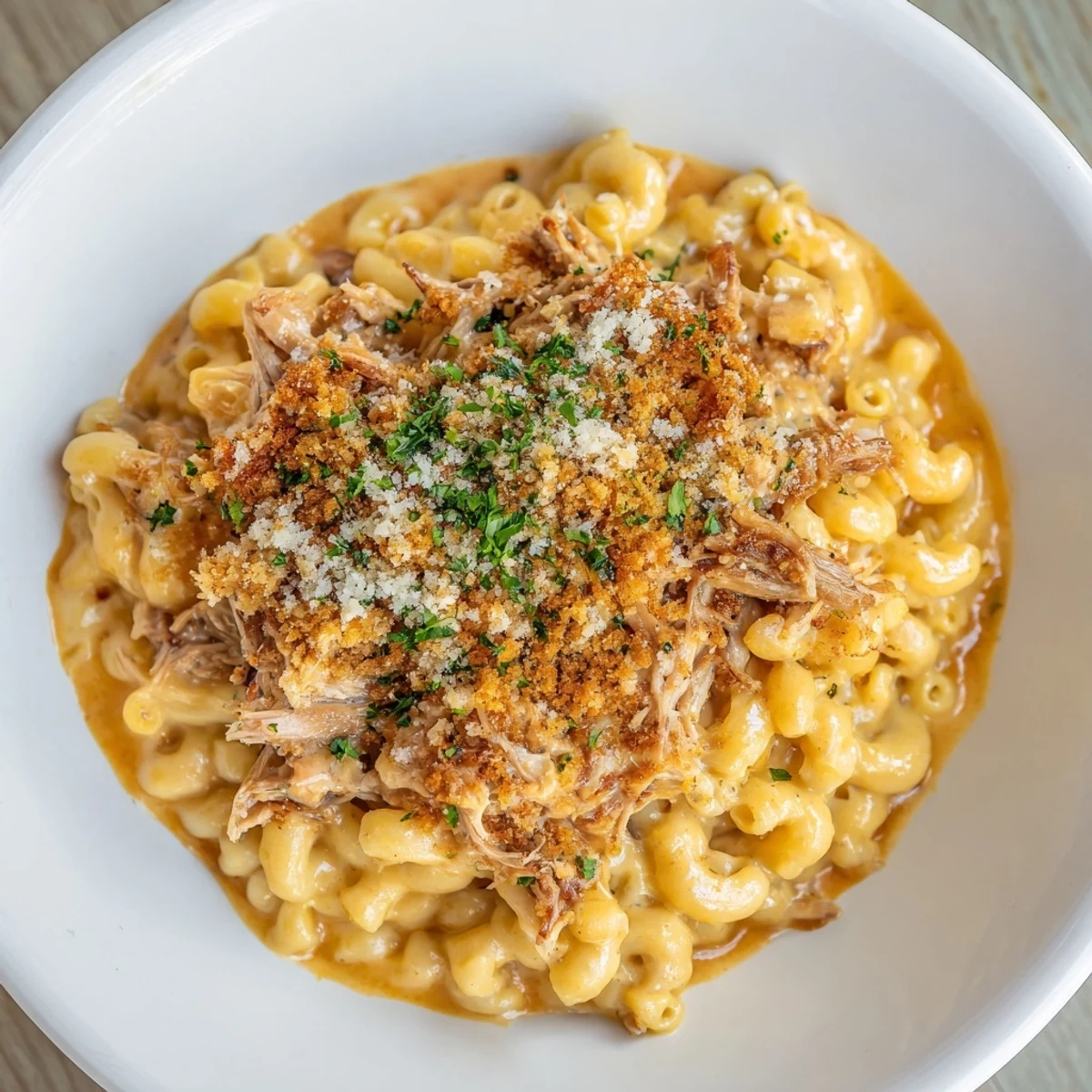 Creamy Barbecue Pulled Pork Mac and Cheese, bubbling and golden, ready to be served hot.