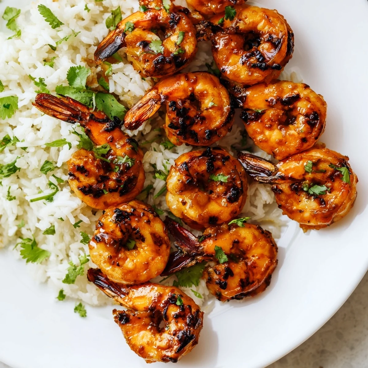Smoky chipotle-lime shrimp, beautifully grilled, atop a bed of fluffy cilantro-lime rice.