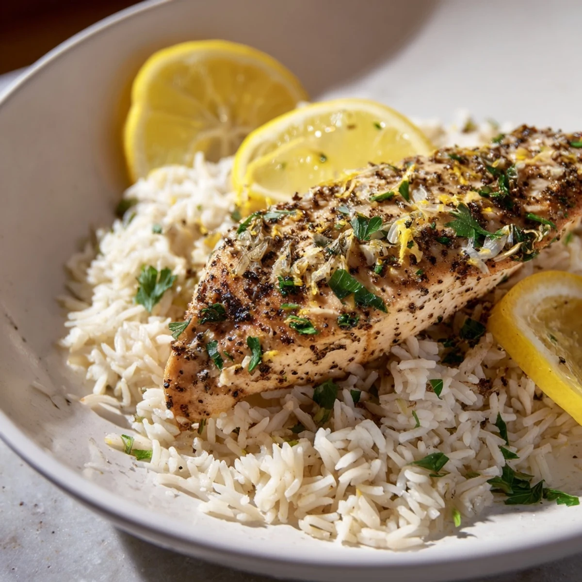 Tender, juicy Lemon Pepper Chicken with rice, a simple yet delicious and gluten-free dinner.