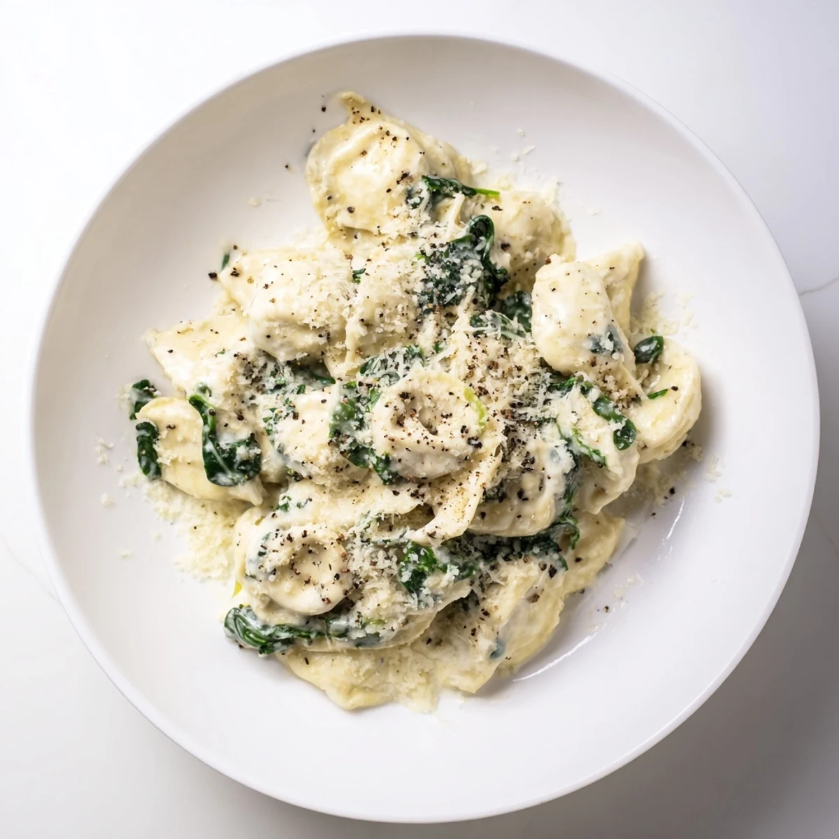 Enjoy a steaming bowl of creamy spinach Alfredo tortellini, ready in 30 minutes for a satisfying meal.