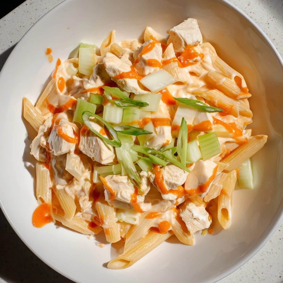 Cheesy Buffalo Chicken Pasta Skillet, a one-pan meal with tender chicken and spicy buffalo sauce.