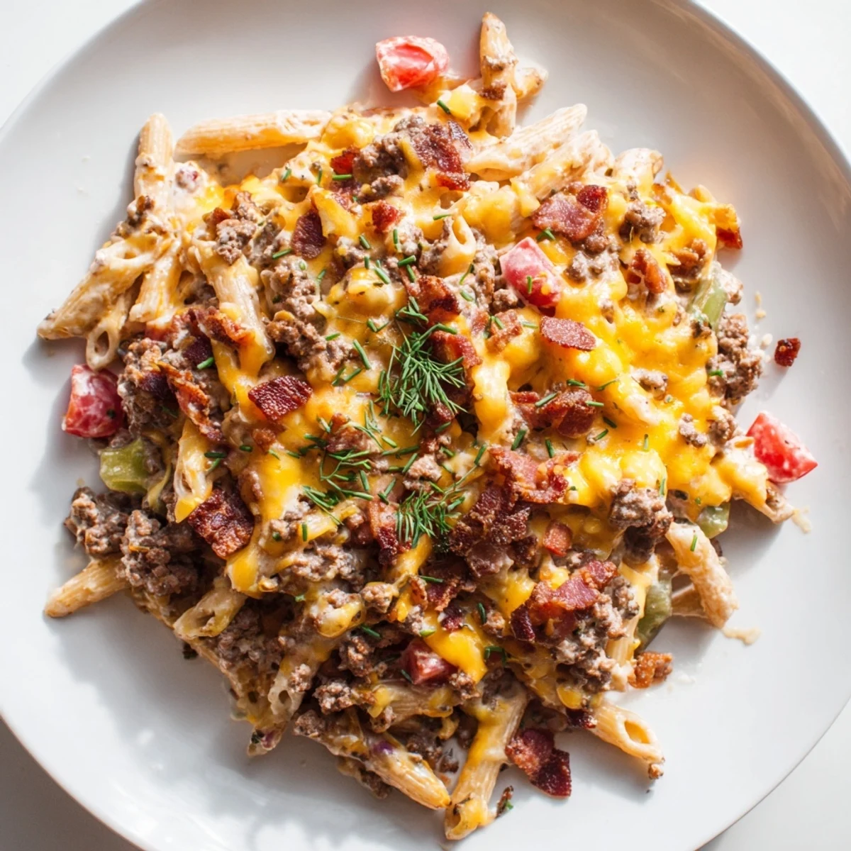 A close-up of a bubbling, baked Bacon Cheeseburger Pasta Bake, perfect for a cozy dinner.