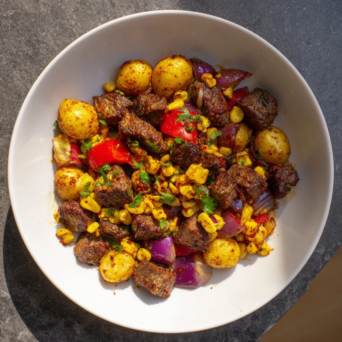 Sizzling Southwest Steak & Potato Skillet with tender steak, seasoned potatoes, and colorful peppers.
