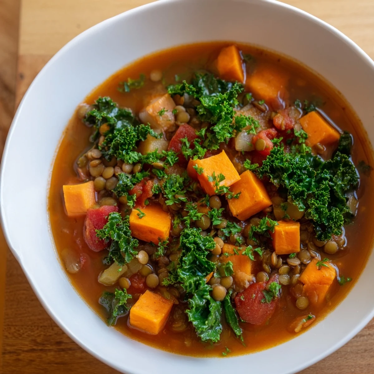 Steaming bowl of Winter Vegetable & Lentil Soup with colorful vegetables, ready to warm you.