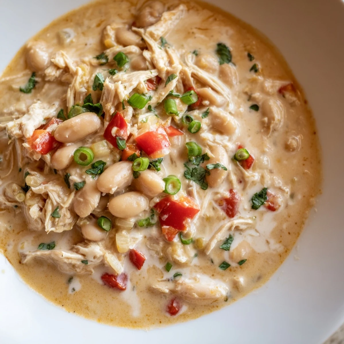 Close-up of hearty Creamy White Chicken Chili with beans, showing tender chicken and creamy sauce.