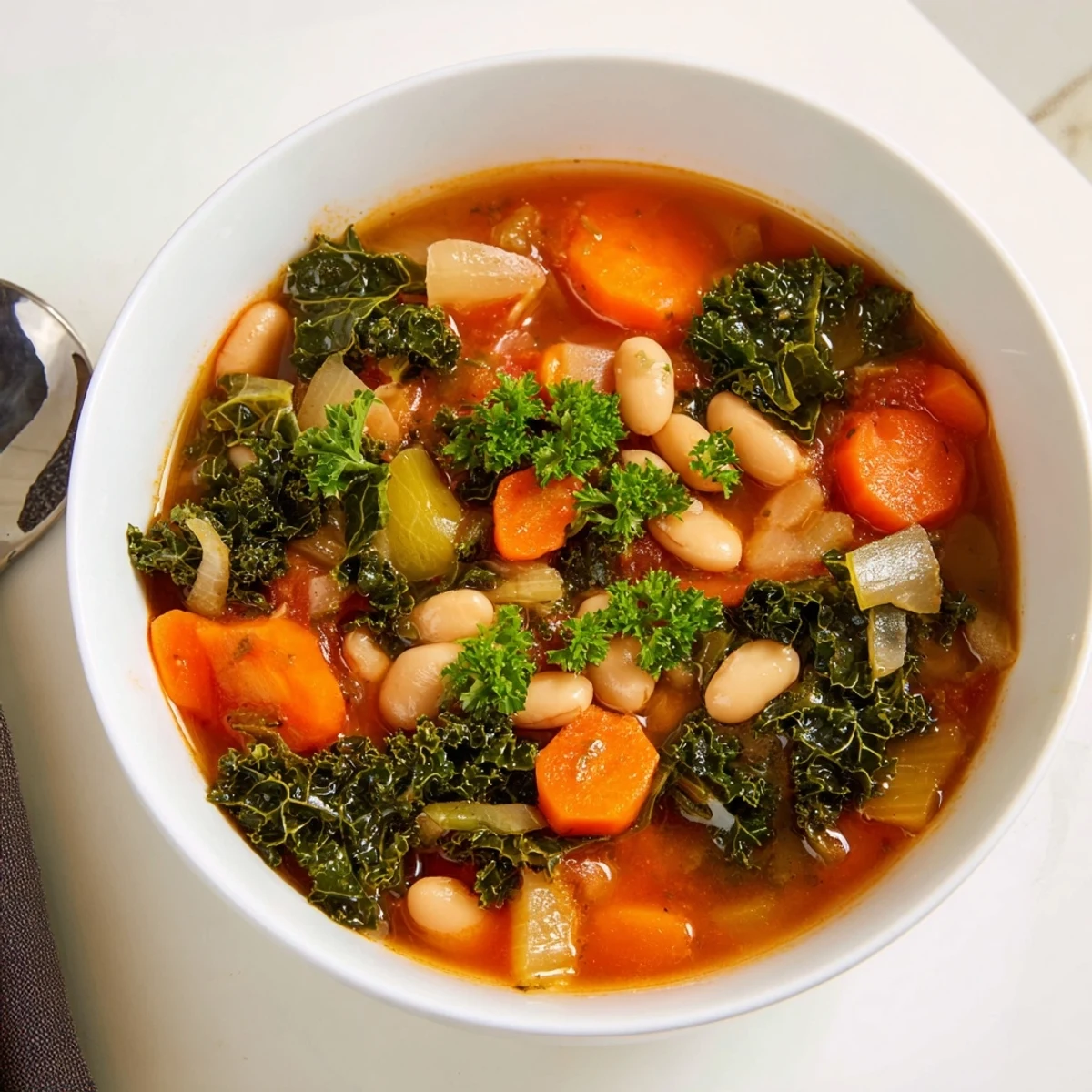 Vibrant image of Italian Bean & Kale Stew, a hearty vegetarian meal with fragrant herbs and beans.