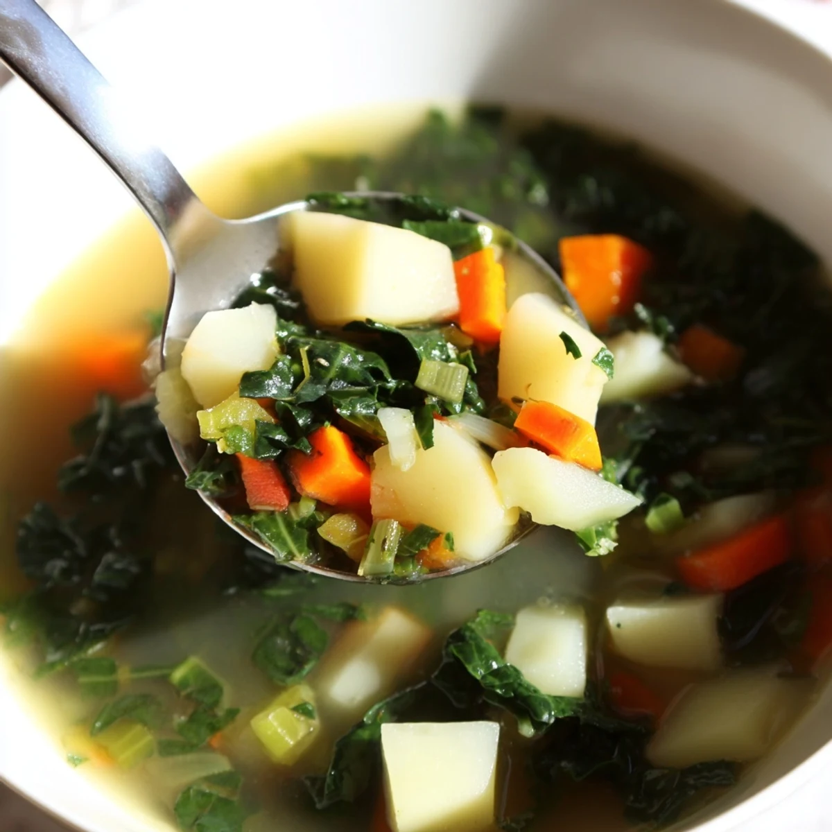 Steaming bowl of Vegetarian Potato-Kale Soup, showcasing vibrant green kale and tender potatoes, ready to eat.