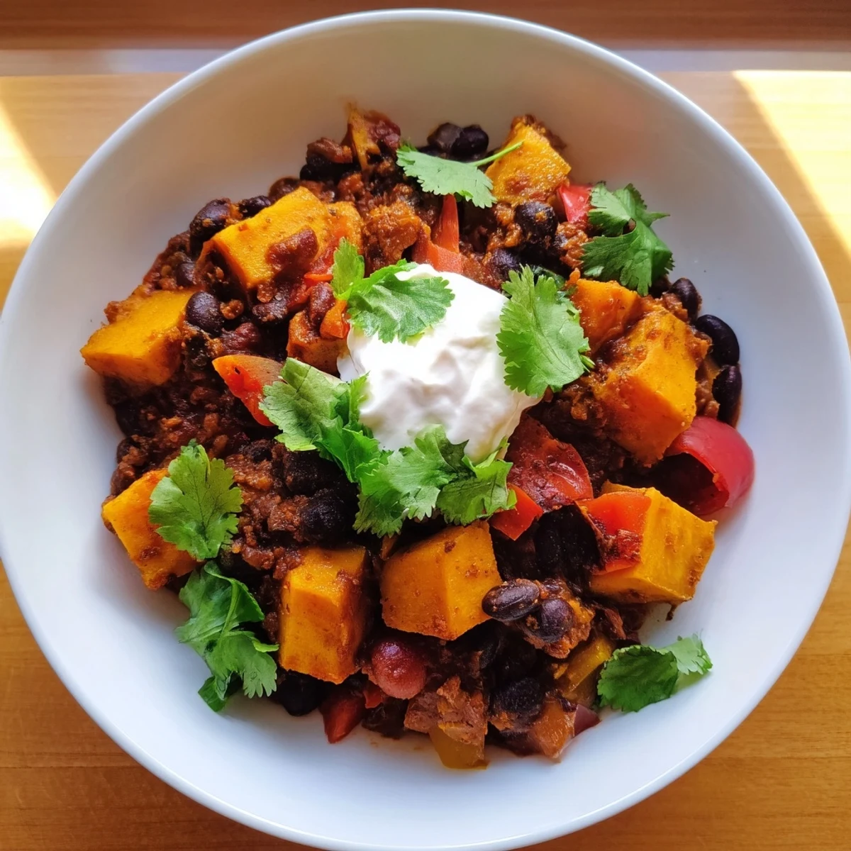 Rich, dark-red Sweet Potato & Black Bean Chili, the perfect vegan and gluten-free weeknight dinner.