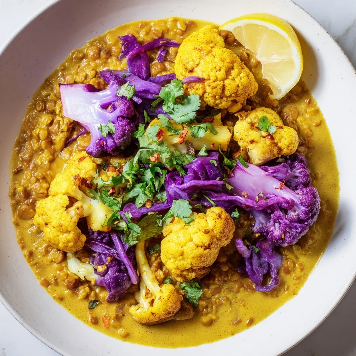A steaming bowl of Red Cabbage, Cauliflower & Coconut Dhal, garnished and ready to eat.