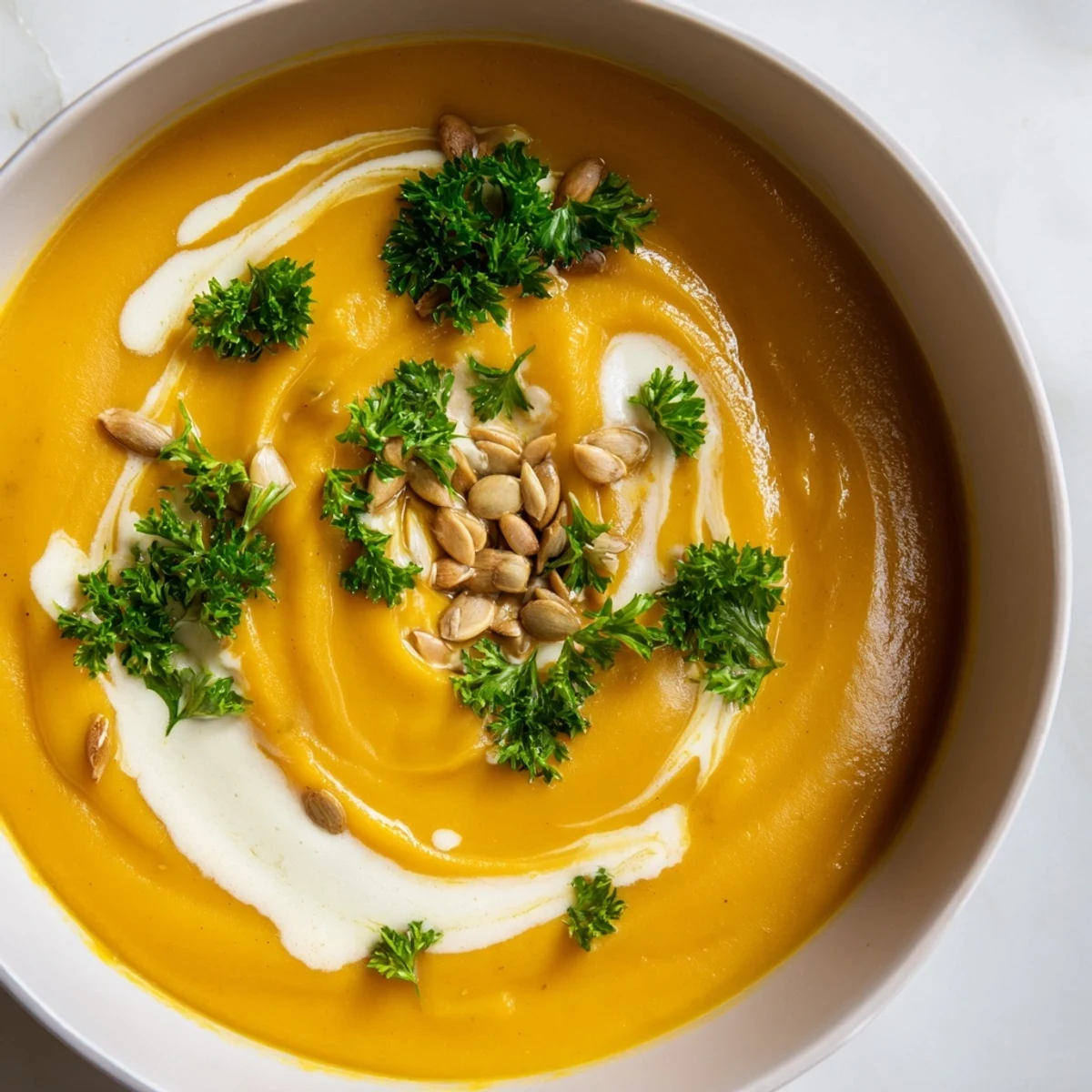 Creamy, golden Butternut Squash & Pear Soup, garnished with fresh herbs and toasted seeds for serving.