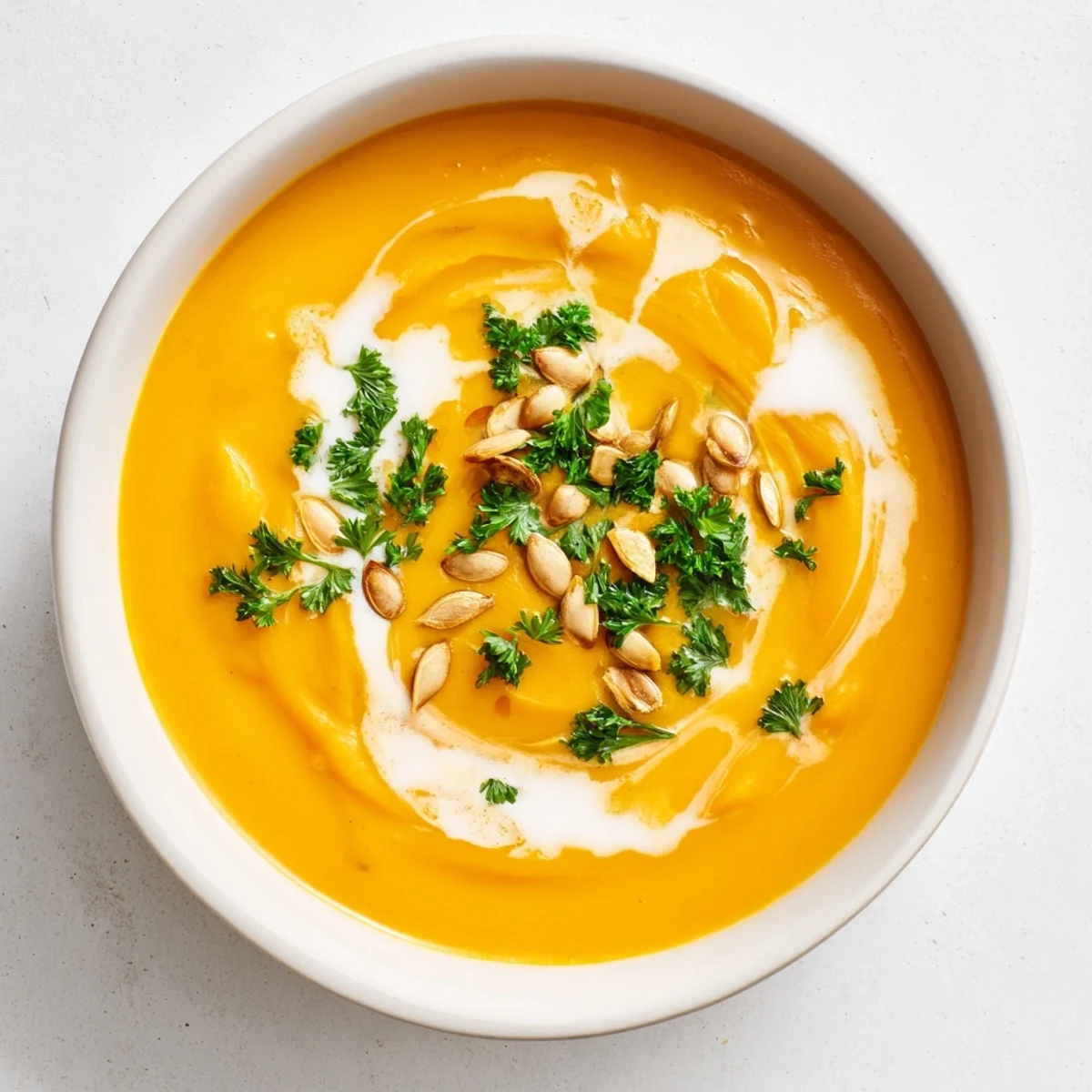 A steaming bowl of vibrant Butternut Squash & Pear Soup, ideal for a cozy, flavorful fall dinner.