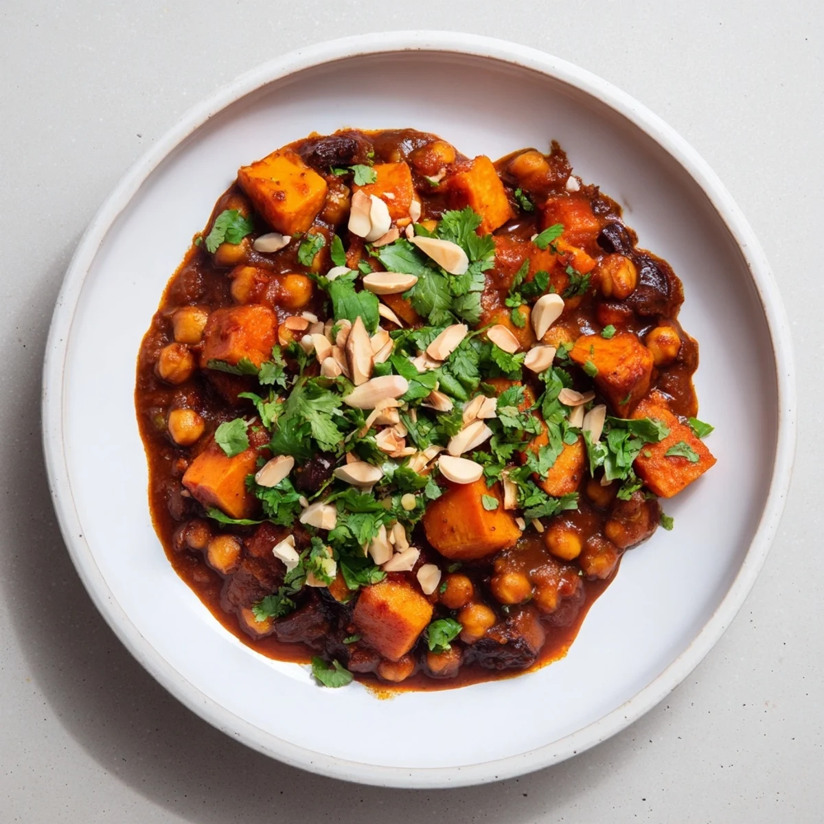 Steaming Moroccan Chickpea & Sweet Potato Tagine, a vibrant, spiced stew with tender vegetables and chickpeas.