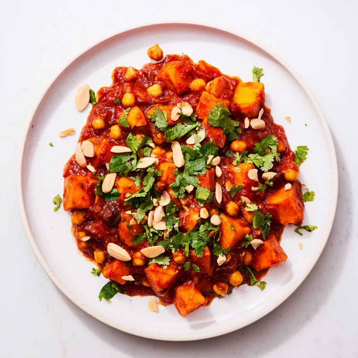 A close-up of a fragrant Moroccan Chickpea & Sweet Potato Tagine, served with fresh cilantro and lemon wedges.