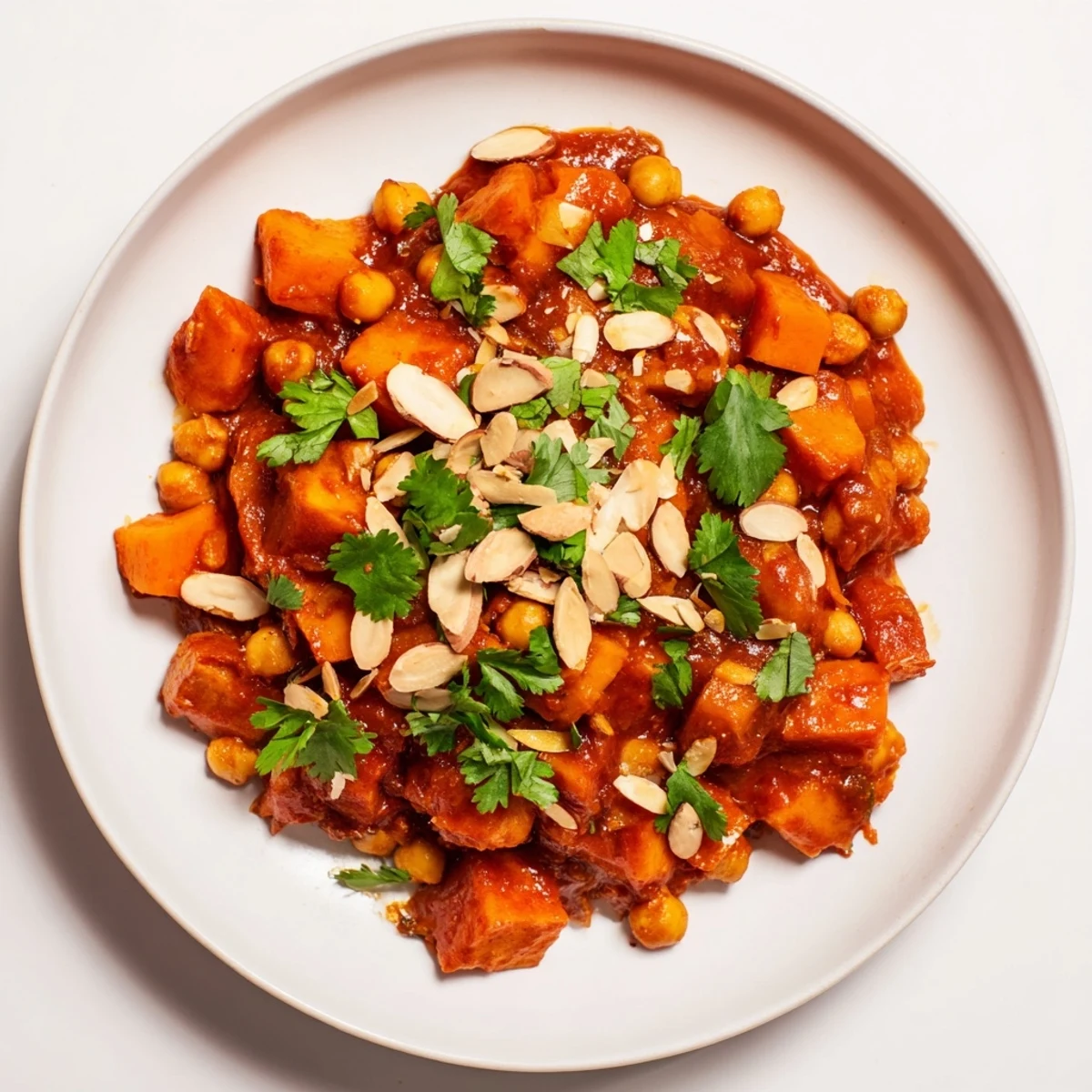 Enjoy a hearty bowl of Moroccan Chickpea & Sweet Potato Tagine, a comforting vegan dish, perfect for a chilly evening.
