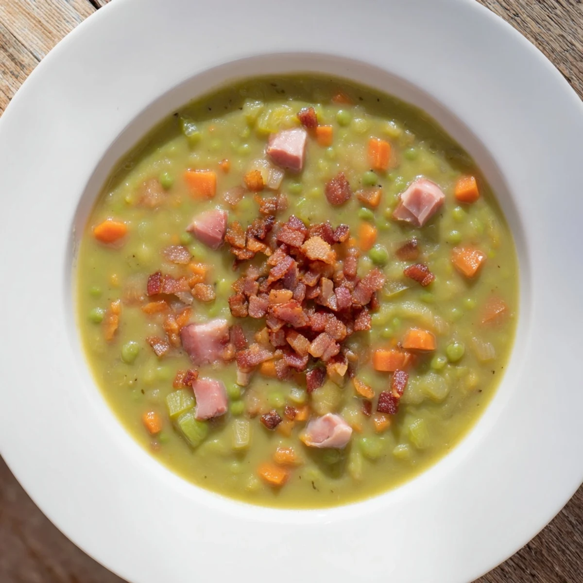 Close-up of hearty Split Pea Soup featuring chunks of ham and a sprinkle of bacon.