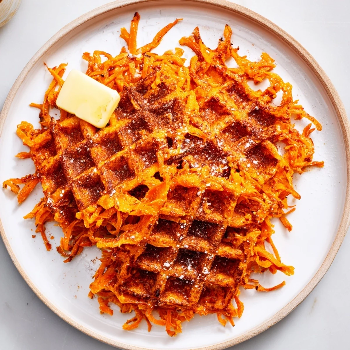 Golden-brown sweet potato waffles, perfectly crisp and ready to enjoy with your favorite toppings.