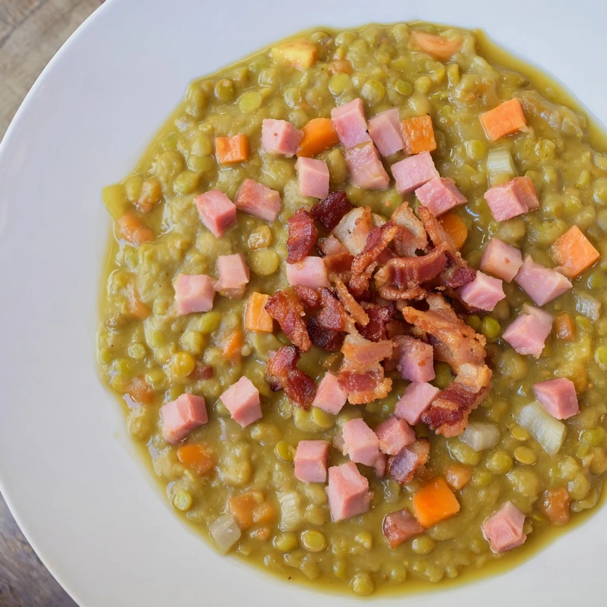 Steaming bowl of Split Pea Soup with canned ham and crispy bacon, ready to savor.