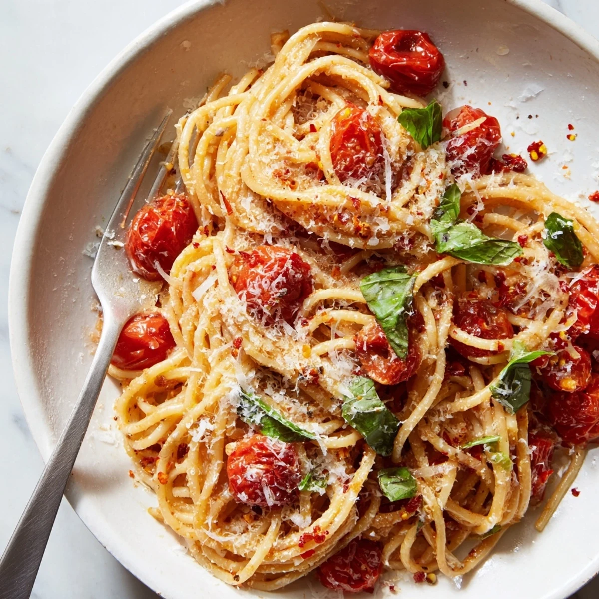 Vibrant photo of Lazy-Girl Pasta, showcasing halved cherry tomatoes and fresh basil on top.