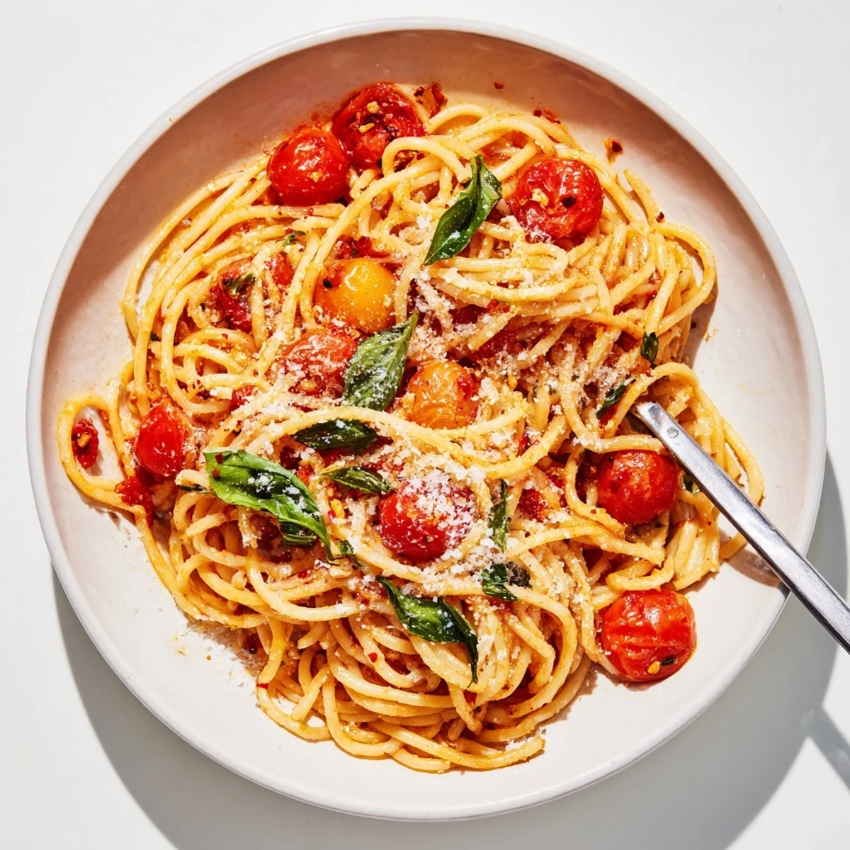 Close-up of freshly made Lazy-Girl Pasta, tossed in a light sauce, perfect for a weeknight meal.