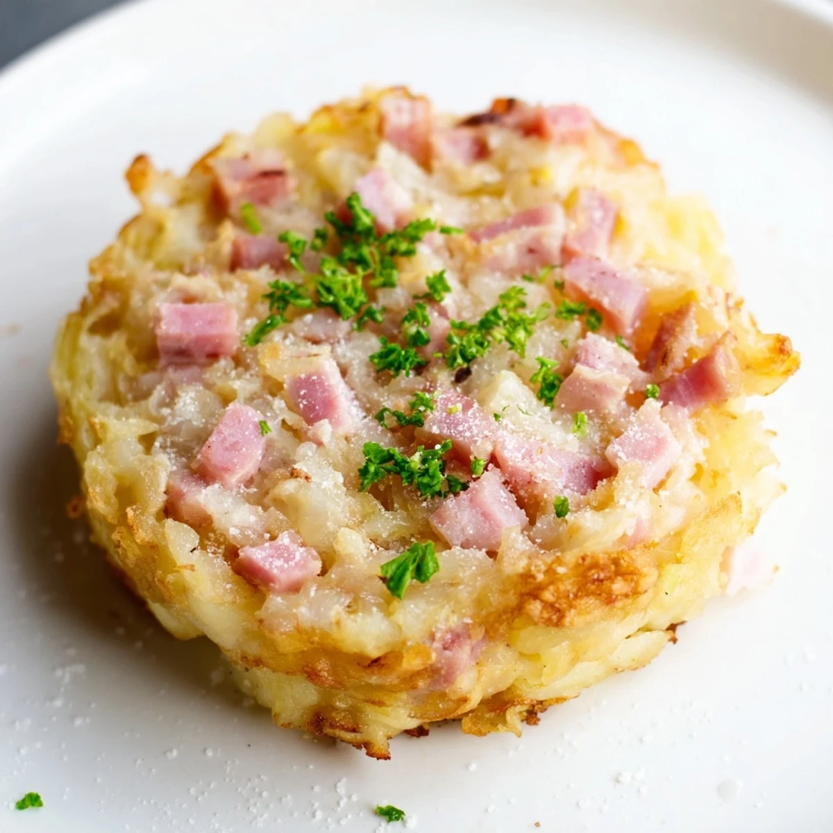 Golden-brown Depression-Era Ham & Potato Patties, crispy and savory, ready to be served.