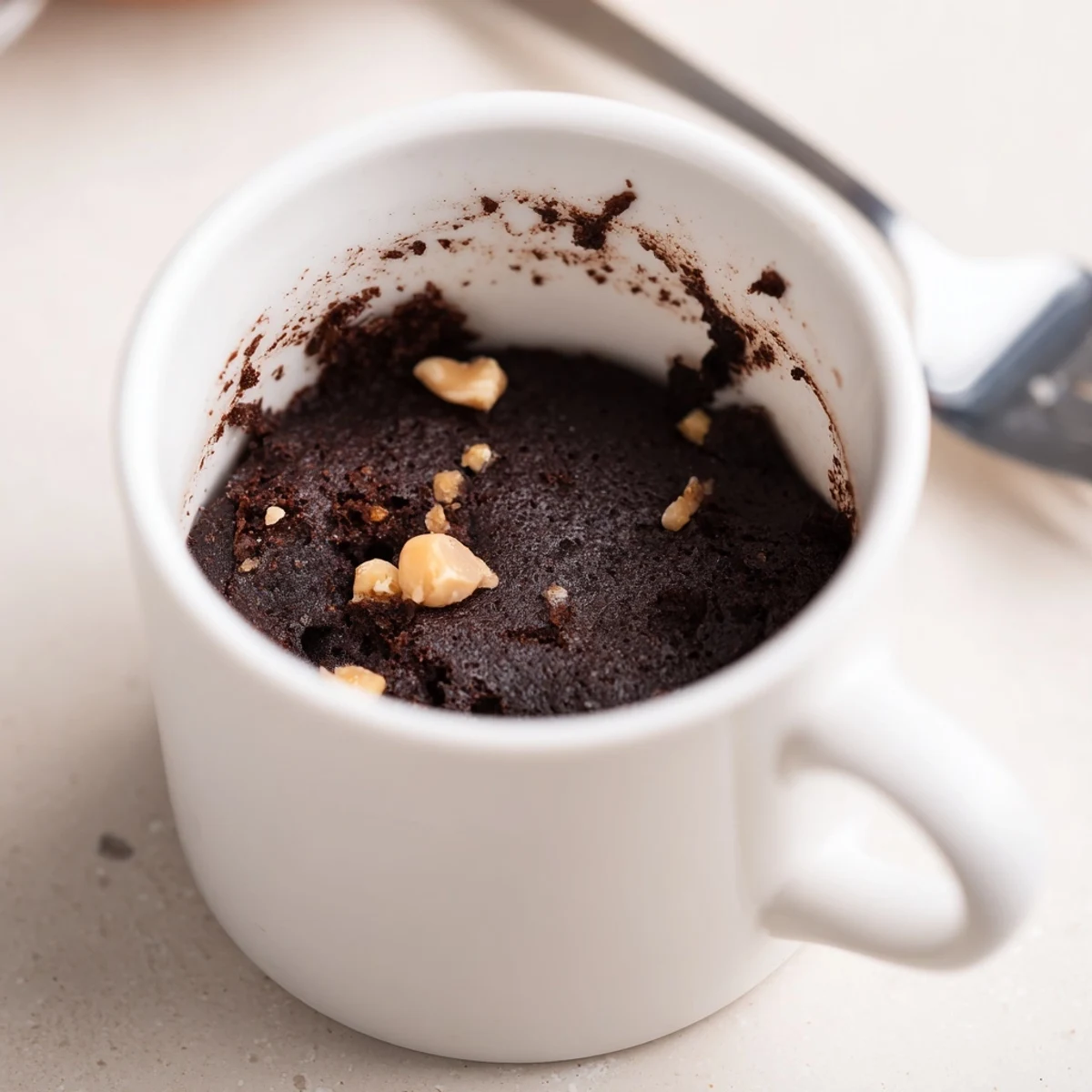 Fluffy microwaved mug cake, warm chocolate bliss perfect as an eggless dessert treat.