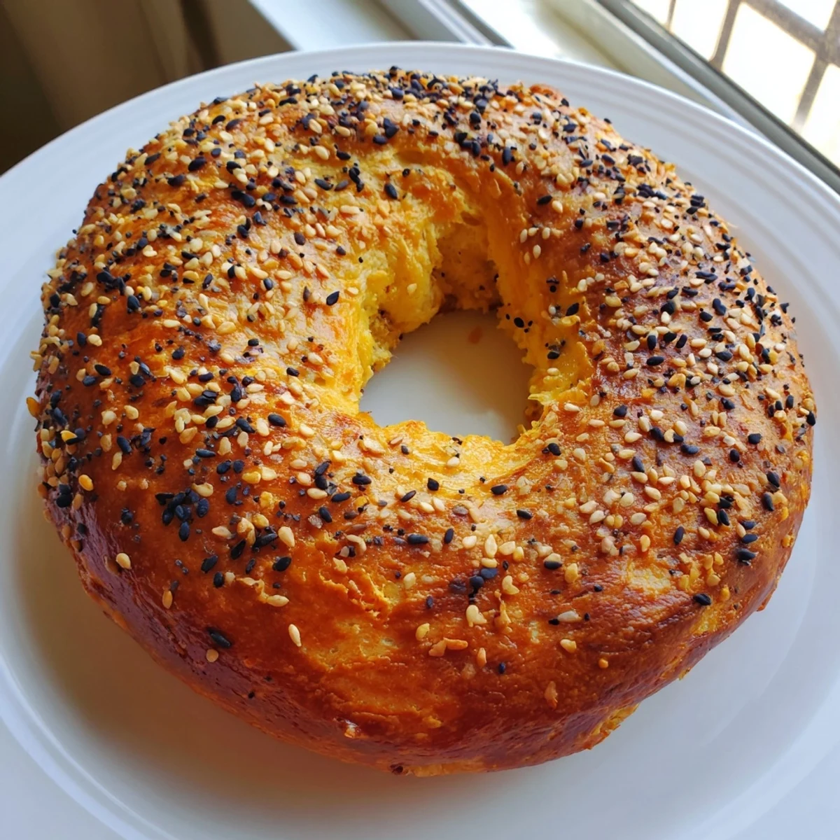 Warm, toasted homemade budget bagels, sprinkled with sesame seeds, fresh from the oven, and delicious.