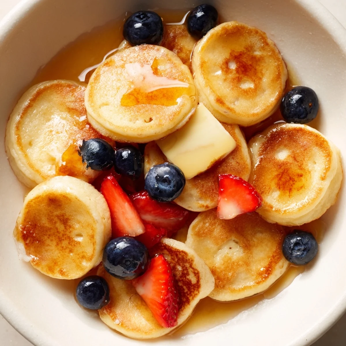 Bite-sized Pancake Cereal, cooked golden brown on a griddle, looks tempting and ready to eat with syrup.