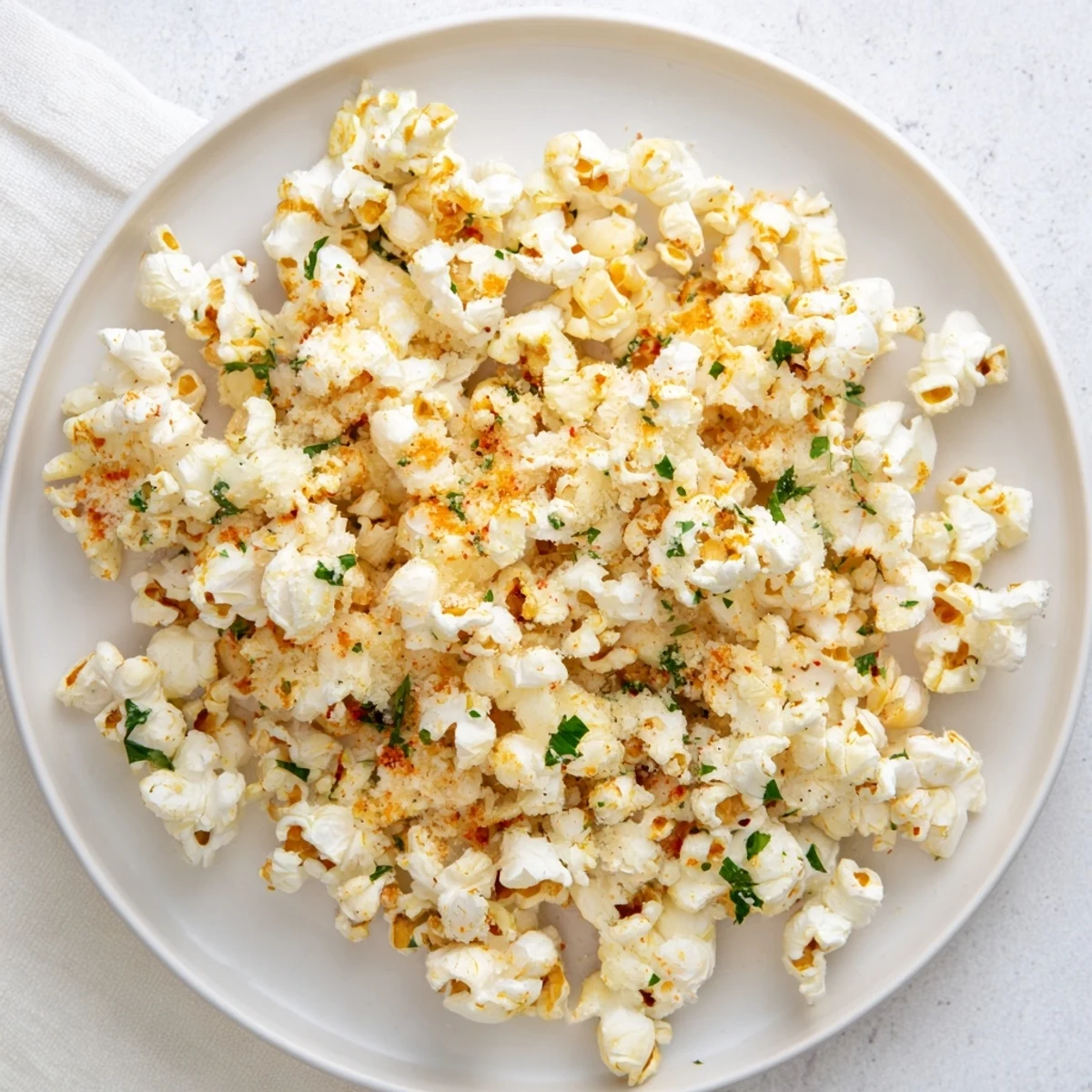 Overhead photo of delicious savory popcorn mixes, ready to snack on for movie night.