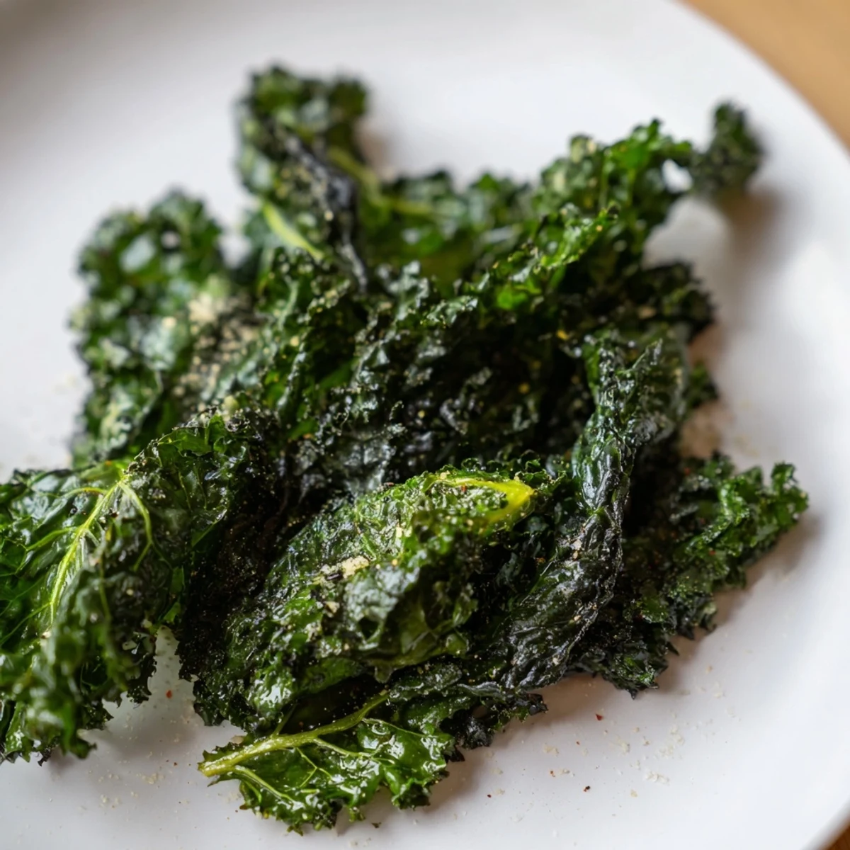 Golden, crispy baked kale chips, a healthy snack, ready for dipping on parchment paper.
