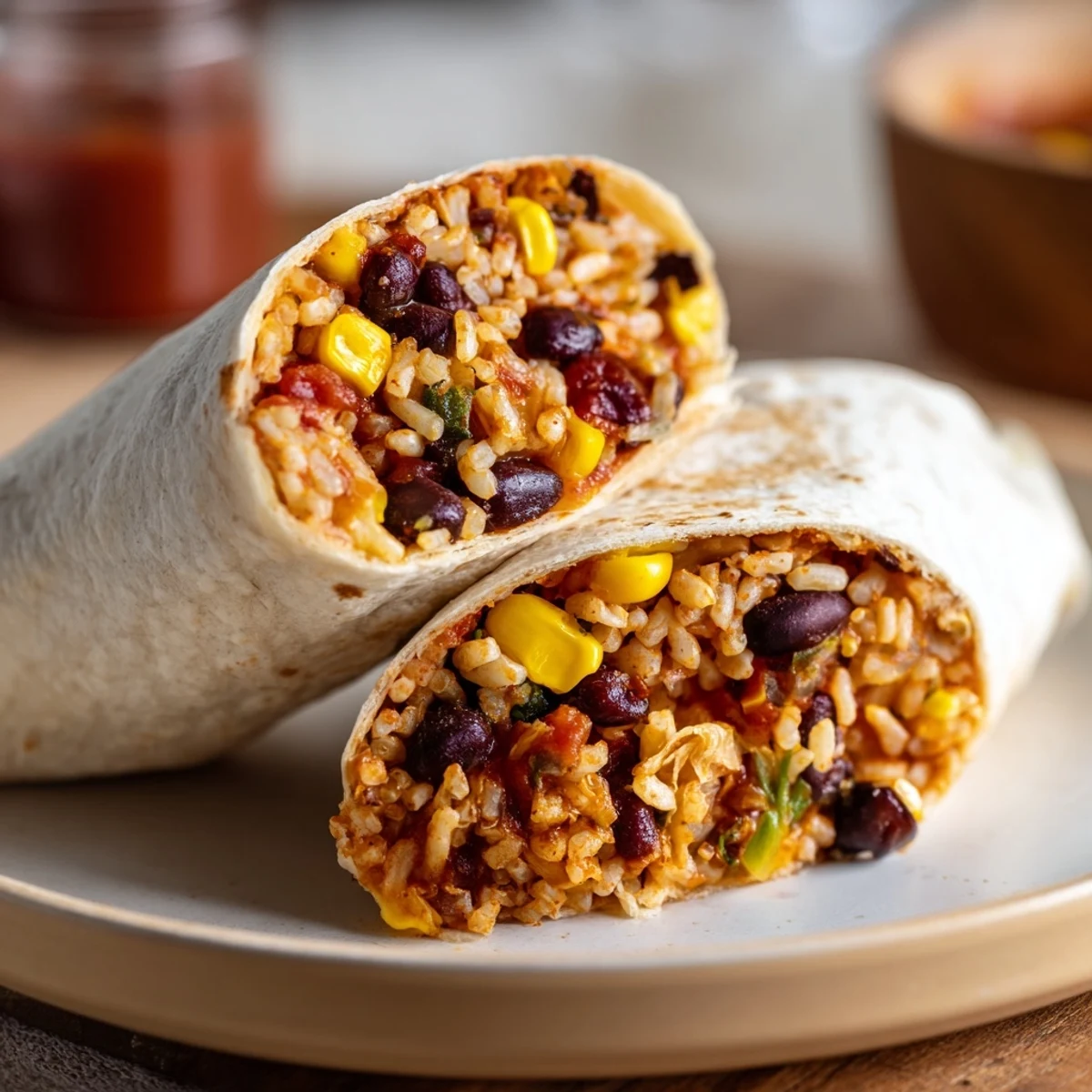 Warm, savory photo of freezer-friendly burritos ready to heat, filled with rice and beans.