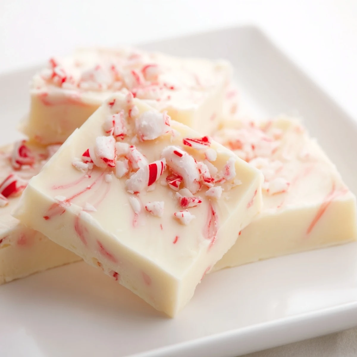This decadent White Chocolate Peppermint Bark Fudge appears rich, with a swirled peppermint top.