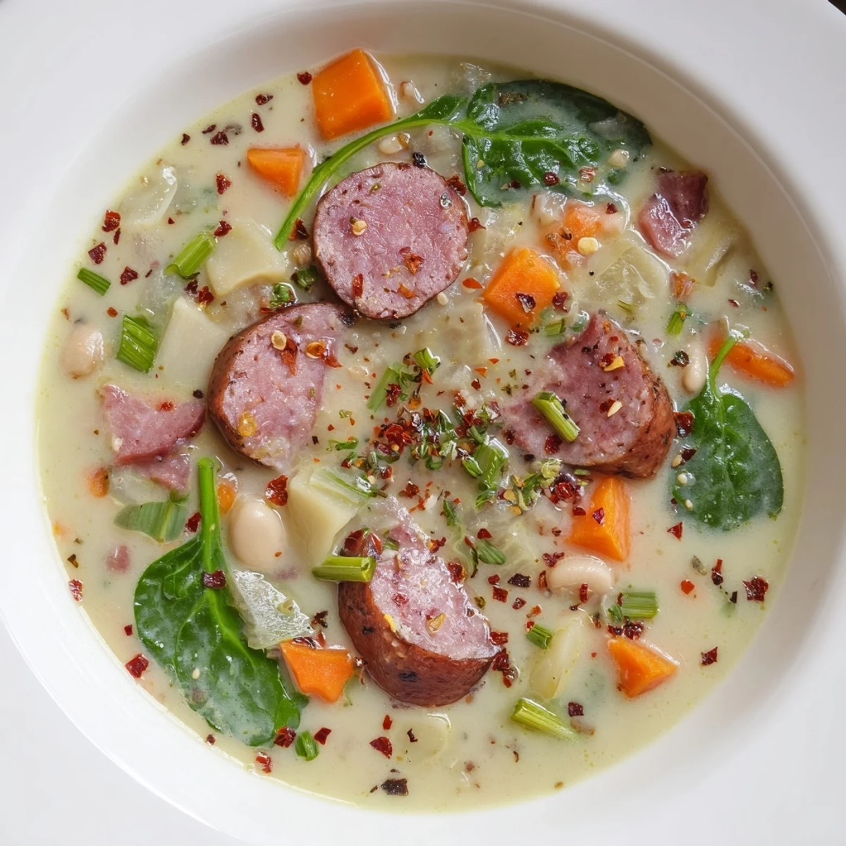 A close-up of the delicious Simple Sausage and White Bean Soup, seasoned and ready to eat.