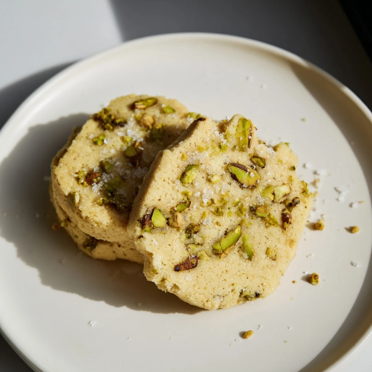 Golden, flaky Salted Pistachio Slice & Bake Shortbread cookies sprinkled with sea salt, ready to enjoy.
