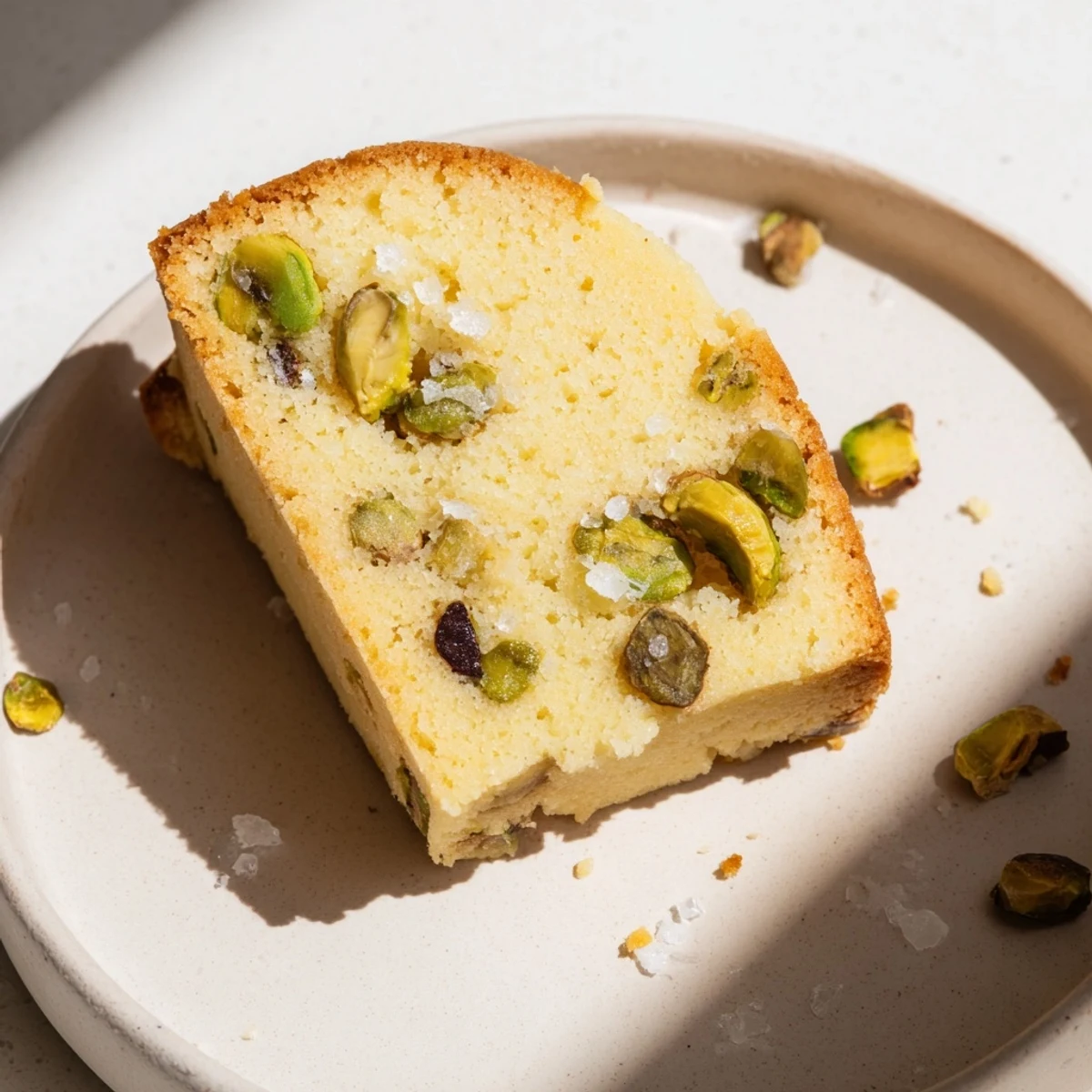 Crispy-edged, buttery Salted Pistachio Slice & Bake Shortbread, studded with chopped nuts, on a cooling rack.