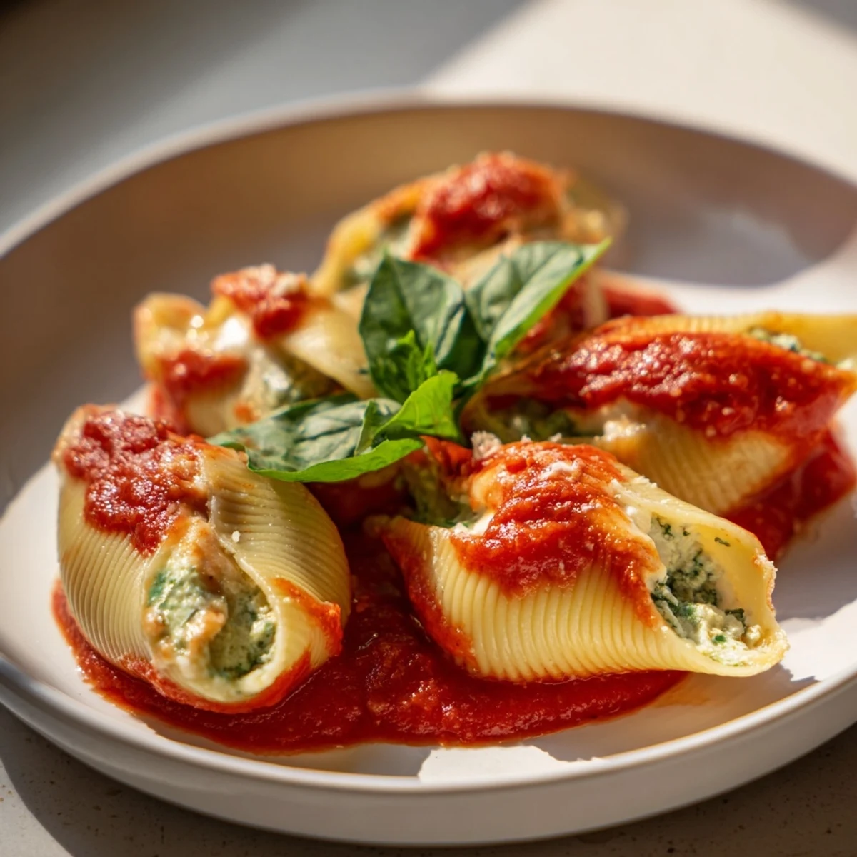 Golden-baked Pesto and Ricotta Stuffed Shells, a comforting Italian meal, with melted cheese and fresh basil.
